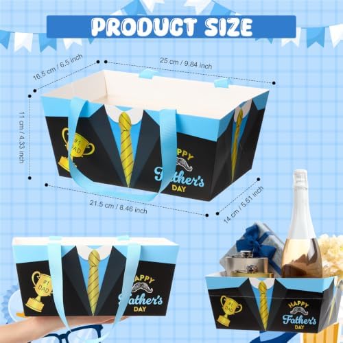Funnymoom 24 Pcs Happy Father's Day Basket for Gifts Empty 9.8x6.5'' Blue Black Men's Suits Dad Gift Market Tray Cardboard Basket with Handle, Transparent Bag and Gold Bows for Holiday Birthday Party - Image 3