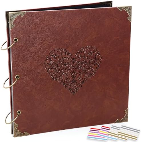 Photo Album Scrapbook, 12x12 inch 50 Pages Vintage Leather Cover Big Three-Ring Binder Love Picture Booth DIY Scrapbooking Albums with 408pcs Self Adhesive Photos Corners for Memory Keep, Heart by ADVcer
