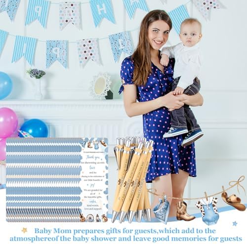 Gilprop 50 Sets Baby Shower Favors for Guests Includes 50 Baby Shower Ballpoint Pens 50 Thank You Bookmarks 50 Organza Bags for Gender Reveal Gifts Guest Prizes(Cowboy,Blue) - Image 6