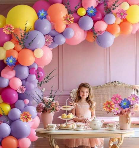 Hot Pink Purple Balloon Arch Double Stuffed Balloons with Artificial Flowers Eucalyptus Leaves Pastel Yellow Peach Magenta Latex Garland for Wildflower Birthday Wedding Floral Tropical Party Decor - Image 6