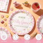 Hushee 200 Pcs a New Silly Goose Baby Shower Party Plates Cup Napkin, Pink - Image 4