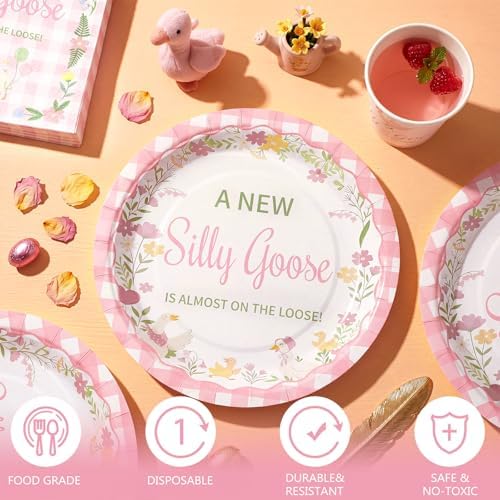 Hushee 200 Pcs a New Silly Goose Baby Shower Party Plates Cup Napkin, Pink - Image 4