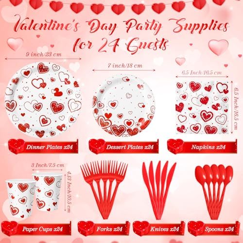 Ziliny 171 Pcs Valentine's Day Party Decorations Serve 24 Red Hearts Paper Plates Napkins Cups Banner Tablecloth Cutlery Valentine Day Anniversary Wedding Baby Shower Party Supplies - Image 3