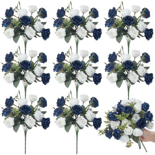 Zeyune 8 Pack Artificial Mini Navy Blue and White Roses 12 Inch Fake Flowers with Stems 80 Small 1.6 Inch Flower Heads Silk Mini Rose Bouquets for Wedding Centerpieces Bridal Bouquets Home Party Decor by Zeyune