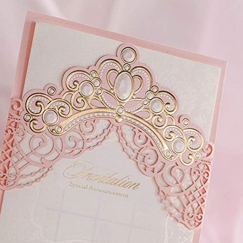 Hosmsua 50PCS Blank Pink Quinceanera Invitations Kit 5x7.3 Inch Laser Cut Floral Gold Crown Pocket Quinceanera Invitation Cards with Envelopes for Birthday Bridal Shower Invite - Image 6