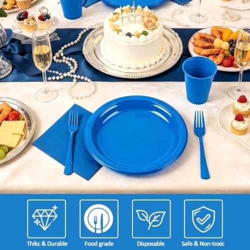 200pcs Disposable Royal Blue Plastic Party Plates and Napkins for Birthday - Image 3