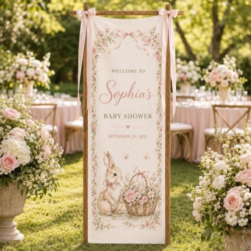 Welcome To Vintage Pink Bunny Floral Baby Shower Satin Fabric Welcome Banner by Custom