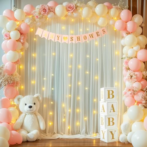 20x10ft Beige Tulle Backdrop Curtains with Lights String for Parties,Wrinkle Free Sheer Curtain with Lights Wedding Photo Backdop Drapes for Baby Shower Birthday Party Photography Home Decorations - Image 5