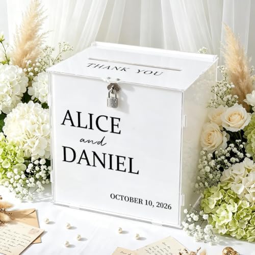 OASF&QPPTY Custom Wedding Card Box with Lock, Elegant Personalized Wedding Card Box for Reception, Graduation, Baby Shower - Secure PVC Money Box for Cards and Well Wishes, Elegant Party Table Decor by Unknown