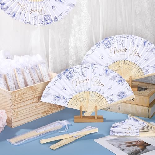 Aneco 100 Pieces Wedding Foldable Hand Fans Floral Handheld Paper Fans with Organza Bags and Storage Basket Folding Fans for Wedding Guests Bridal Shower Bridesmaid Gifts - Image 4