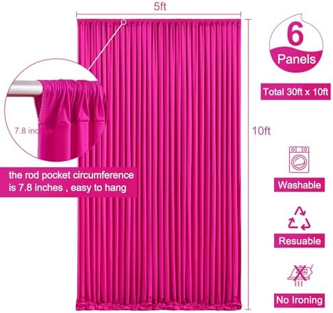 6 Panels Fuchsia Backdrop Curtain for Parties Birthday Party Wrinkle Free Hot Pink Photo Curtains Backdrop Drapes Fabric Decoration for Wedding 30ft(W) x 10ft(H) - Image 5