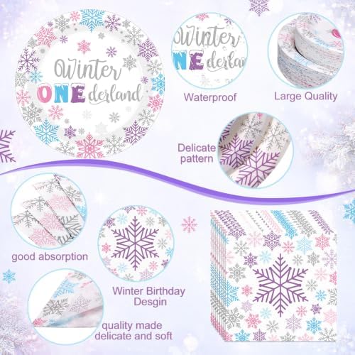 Pickmesh 400 Pcs Colored Winter Onederland Birthday Plates Cups and Napkins - Image 3
