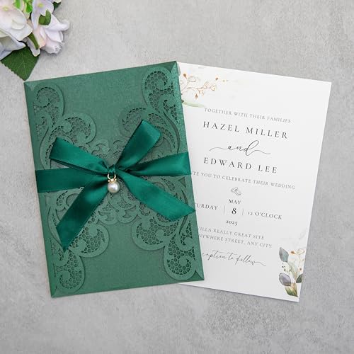 20Pcs Emerald Green Laser Cut Wedding Invitation Cards With Envelopes by FEIYI