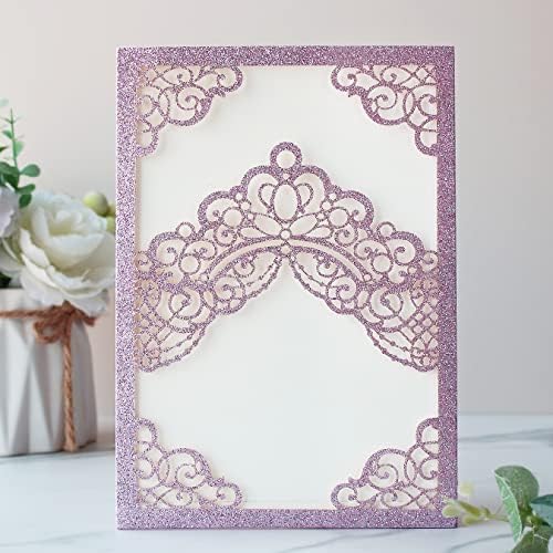 Hosmsua 50PCS 5.1x7.3 Inch Blank Purple Glitter Quinceanera Invitations Kit Laser Cut Floral Crown Pocket Quinceañera Invitation with Envelopes for Birthday Bridal Shower Quince Invite - Image 4