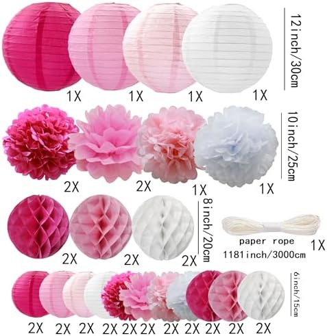 WOLHOWLTD Rosy Pink White Paper Decoration Set - 38 Pcs Paper Lanterns, Pompoms, Honeycomb for Wedding,Engagement,Bachelorette,Baby Shower,Valentine's,Home Decoration (Rosy Pink White) - Image 2