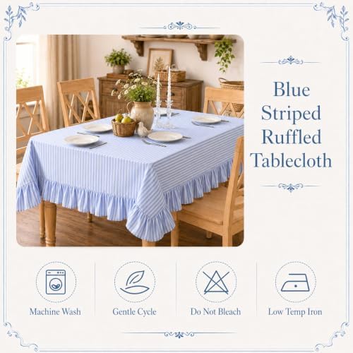 Striped Ruffled Tablecloth 60x120 Inch Cotton Polyester Striped Tablecloth Rectangular Fits 8-10 Seater Table Farmhouse Vintage Table Cover for Home Kitchen Baby Shower Birthday Party Picnic (Blue) - Image 4