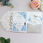 Hosmsua 50PCS Personalized Silver Wedding Invitation Pocket, 5.12 x 7.2 Laser Cut Lace Flora Invitation Pockets with Envelopes for Quinceanera Wedding Bridal Shower Quince Anos - Image 2