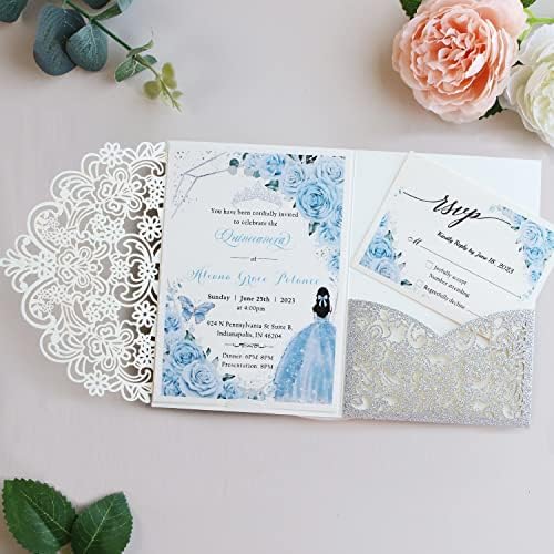 Hosmsua 50PCS Personalized Silver Wedding Invitation Pocket, 5.12 x 7.2 Laser Cut Lace Flora Invitation Pockets with Envelopes for Quinceanera Wedding Bridal Shower Quince Anos - Image 2