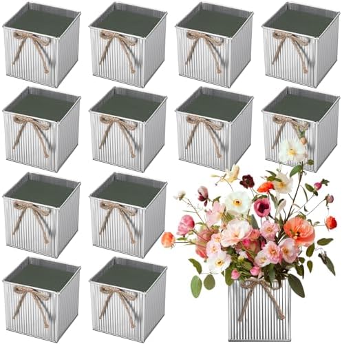 12 Pack Galvanized Square Vases with Floral Foam 3.5 Inch, Silver by Unknown