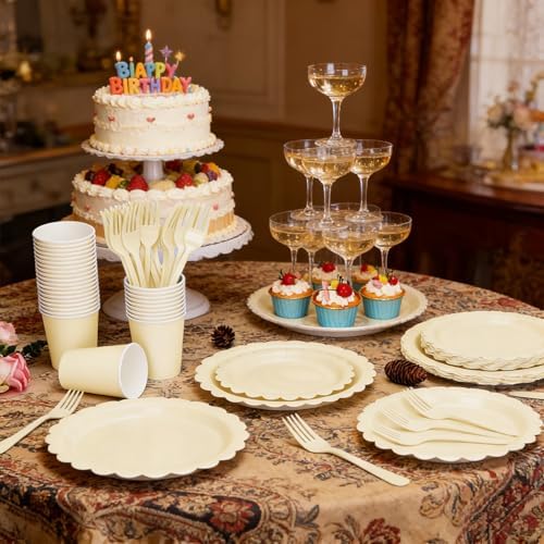 200Pcs Ivory Paper Plates and Napkins, 9’’and 7’’ Disposable Scalloped Cream Party Plates Cups Napkins Forks Set Party Supplies for Baby Shower Bridal Shower Birthday Party Decorations, Serves 40 - Image 5