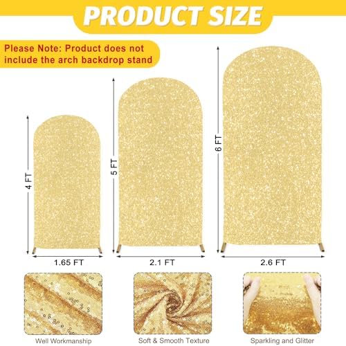 MODFUNS 4ft 5ft 6ft Sequin Arch Cover Gold Wedding Arch Cover Set of 3 Metallic Arch Covers Fitted Spandex Arched Stand Covers 2-Sided Use Arched Backdrop Fabric for Wedding Ceremony Reception - Image 3