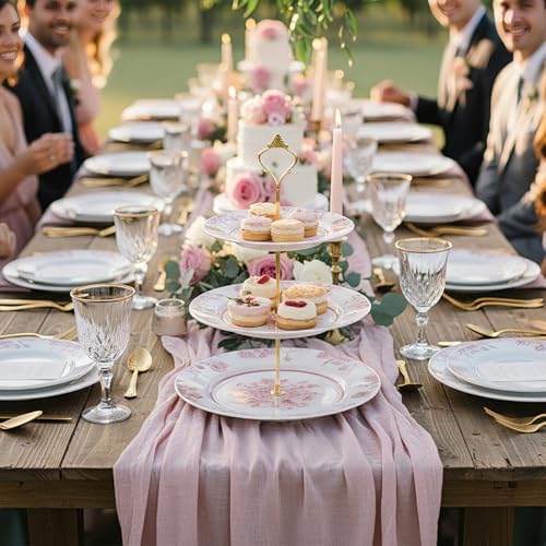 Lallisa Pink Floral 3 Tier Dessert Stand 10", 9" and 7" Ceramic Vintage Chinoiserie Tea Party Tiered Tray Cupcake Stand Display Holder Tower for Wedding Baby Shower Bridal Shower Tea Party - Image 5