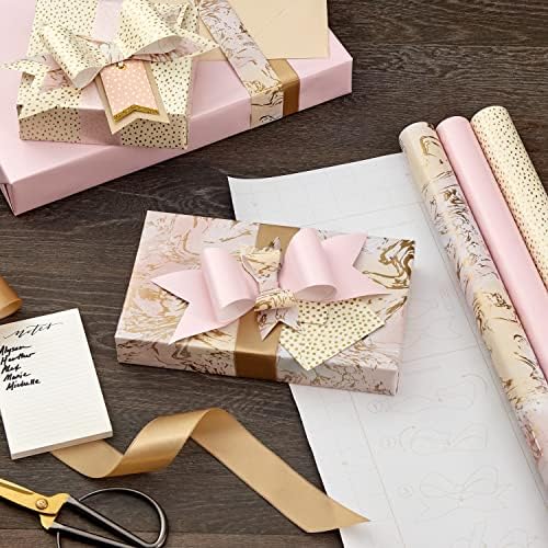 Hallmark Wrapping Paper with Cutlines on Reverse (6 Rolls: 135 Square Feet Total) Pink, Gold, Stripes, Kraft Brown, Black and White Plaid for Birthdays, Baby Showers, Bridal Showers, Mother's Day - Image 2