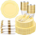 Liacere 350PCS Yellow Plates - Yellow Disposable Plastic Plates With Gold Rim-50Guest Plastic Dinnerware include 100 Plates,50 Pack Pre Rolled Napkins with Silverware 50Cups for Wedding＆Party by Liacere