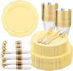 Liacere 350PCS Yellow Plates - Yellow Disposable Plastic Plates With Gold Rim-50Guest Plastic Dinnerware include 100 Plates,50 Pack Pre Rolled Napkins with Silverware 50Cups for Wedding＆Party by Liacere