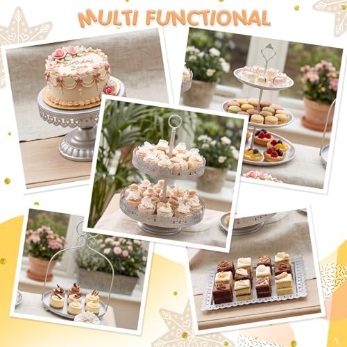 Lallisa 8 Pcs Cake Stands Set Metal Dessert Table Display Tiered Cupcake Holder Candy Donut Fruit Plate Cake Serving Tray with Handle Treats Serving Tower for Wedding Birthday Party (Sliver) - Image 4