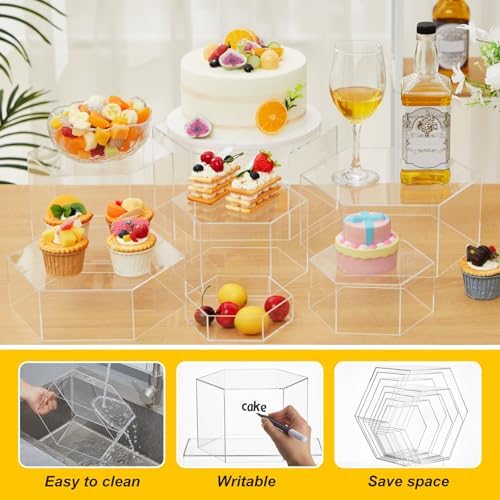 Leinuosen 7 Pcs Large Acrylic Buffet Risers, 6-12" Hexagonal, Clear - Image 3
