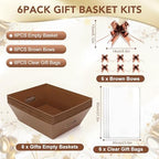 6PACK Baskets for Gifts Empty, 10x12”Thick Brown Gift Basket with Handles 6 Bows 6 Bags Empty Gift Baskets for Christmas Thanksgiving Wedding Birthday Party Wrapping Gift - Image 3