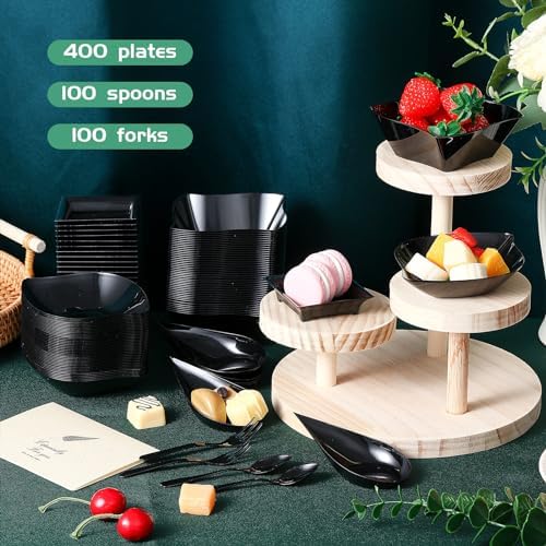 Tessco for you 400 Pcs Mini Appetizer Plates Set Including 200 Disposable Dessert Plates Assorted Shape 100 Mini Plastic Forks 100 Plastic Spoons for Party (Classic Style, Black) - Image 5