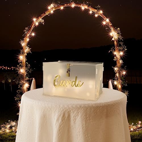 OurWarm Frosted Acrylic Wedding Card Box with Lock, Large Gift Card Box for Wedding Reception with Slot and String Light - Image 6