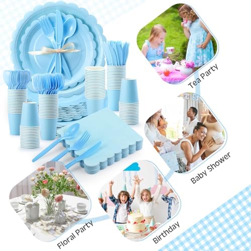 Ziliny 350 Pcs Baby Blue Plates and Napkins, 50 Guest Spring Party Supplies Include Scalloped Paper Plates Napkins Cups Plastic Spoons Forks Knives Disposable Tableware Set for Baby Shower - Image 3
