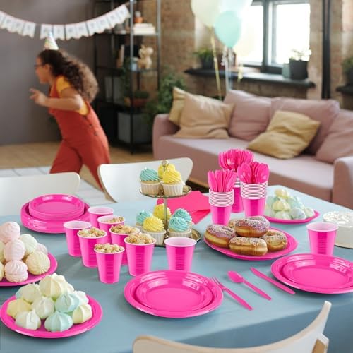Aodaer 400 Pieces Hot Pink Party Supplies Disposable Dinnerware Set Include Plastic Plates Cups Knives Forks Spoons Paper Napkins for Birthday Wedding Graduation Parties, Serve 50 Guests - Image 5