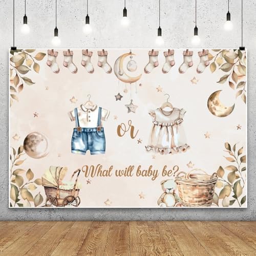 9x6ft Gender Reveal Backdrop He or She What Will Baby Be Photography Background Rustic Eucalyptus Leaves Socks Stars Photo Backdrops Newborn Gender Reveal Surprise Party Decoration Banner Supplies - Image 4