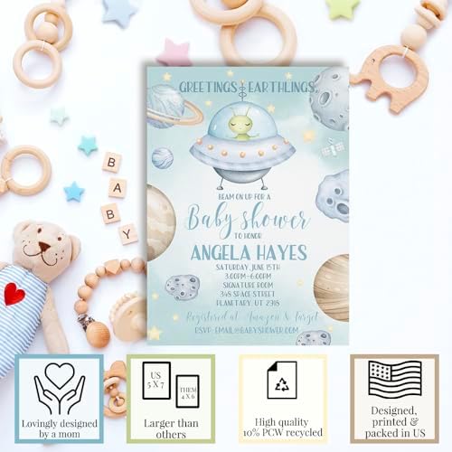 Amanda Creation Alien Outer Space Baby Shower Invitations for Boys, Space Themed Baby Shower Invitations, 20 Personalized 5x7 Double-Sided Cards with White Envelopes, Made in USA - Image 2