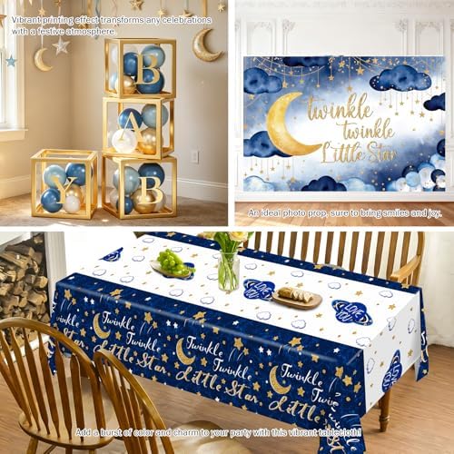 Twinkle Twinkle Little Star Baby Shower Decorations, Blue Stars and Moon Party Decoration with Balloons Garland Baby Boxes Backdrop Tablecloth - Image 5