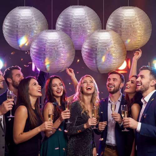 Paper Lanterns Round Paper Lanterns Decorative Ball Lanterns Lamps for Weddings, Birthdays, Parties and Events 16-Inch 5 Packs (Silver) - Image 2