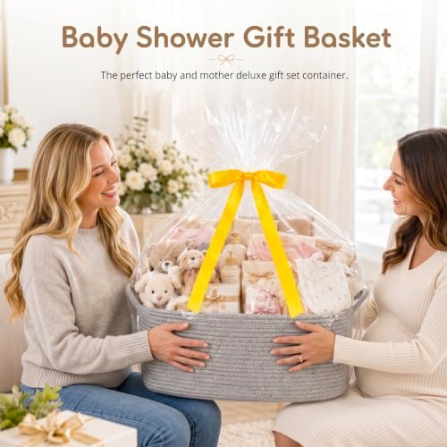 OIASKET Large Empty Cotton Rope Gift Basket with Handles, 16.5"x12.6"x7" Decorative Woven Storage Basket with Gift Bag and Ribbon Set for Baby Shower, Toy Organizer for Kids, Dogs & Cats - Grey - Image 3