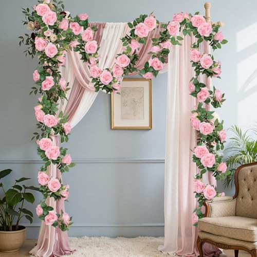 U'Artlines 3 Pack Artificial Pink Rose Garlands Flower Vines 19.5 ft - Image 5