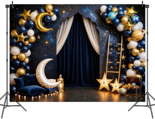 12 x 10 ft Navy Blue Starry Night Backdrop Gold Moon Stars Balloons Night Sky Curtain Theme Photography Background Galaxy Star Baby Shower Birthday Newborn Portrait Photo Booth Decor - Image 2