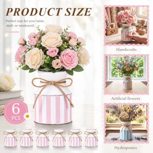 Domensi 6 Pcs Farmhouse Metal Flower Vase, Pink Striped Table Centerpiece - Image 2