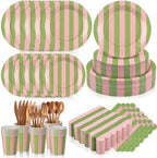 Mimorou 350 Pcs Pink and Green Striped Party Tableware for 50 by Mimorou