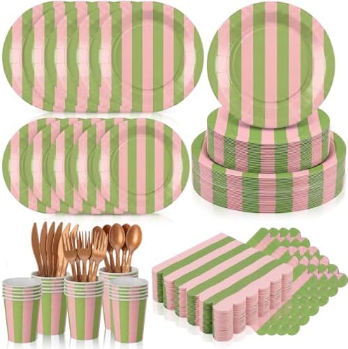 Mimorou 350 Pcs Pink and Green Striped Party Tableware for 50 by Mimorou