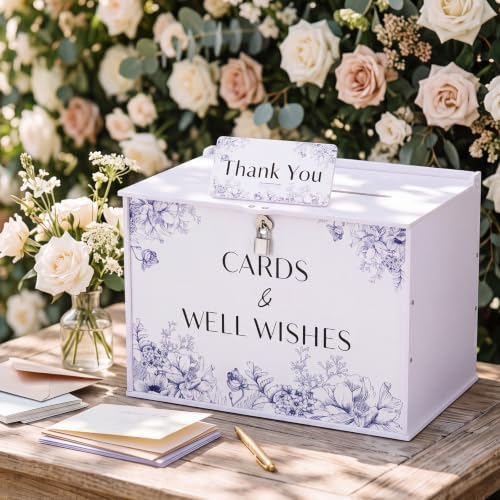 BreezeHug 14" Blue Chinoiserie Wedding Card Box with Lock & Sign by Unknown