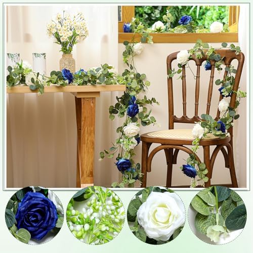 Riceshoot 4 Pcs 26 ft Artificial Eucalyptus Vines Garland with Flowers Faux Floral Greenery Garlands Rose Wreath for Wedding Party Arch Table Decor Backdrop Decorations (Blue and White) - Image 3