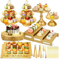 Audab Metal Gold Dessert Table Display Set Including Cake Stands, Cupcake Tower Stand, Dessert Tray, Risers Stands, Cake Cutting Set and Serving Tongs for Wedding, Birthday Party Decor by Audab