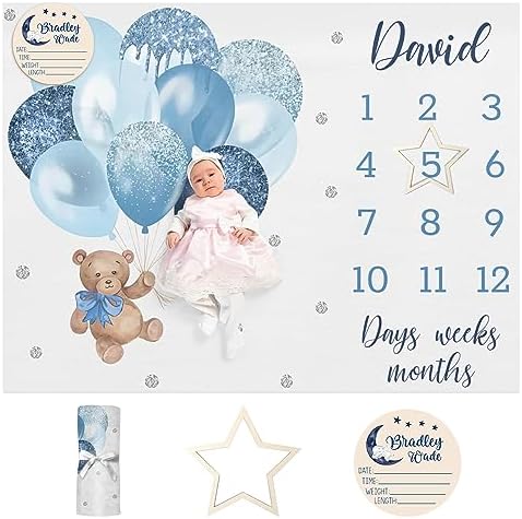 Personalized Baby Monthly Milestone Blanket Boy or Girl - Balloon Bear Months Blanket with Wood Frame and Newborn Wooden Sign - Growth Chart Milestone Blanket 1-12 Month Milestones by Dyoart